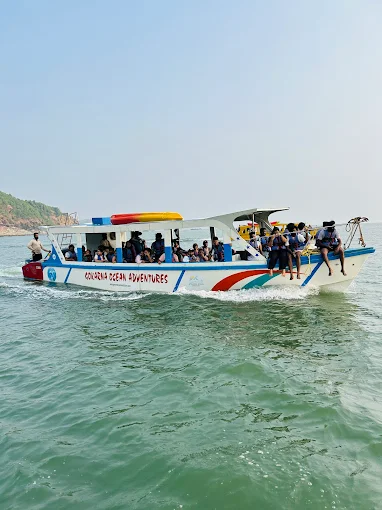 The boat full of guests cruising on calm open sea