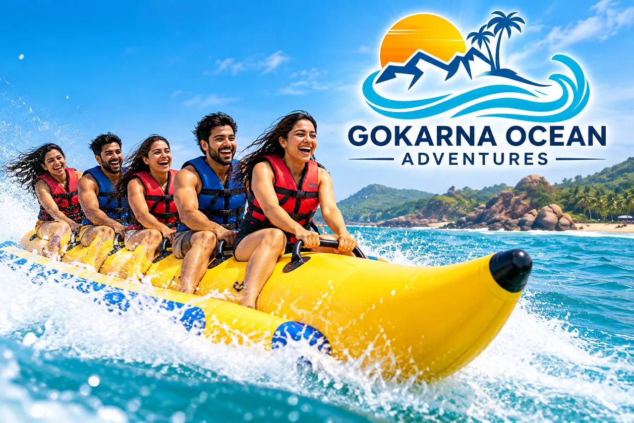 Illustrative promotional image of guests riding a bright yellow banana-shaped inflatable through turquoise sea spray, with the Gokarna Ocean Adventures logo.