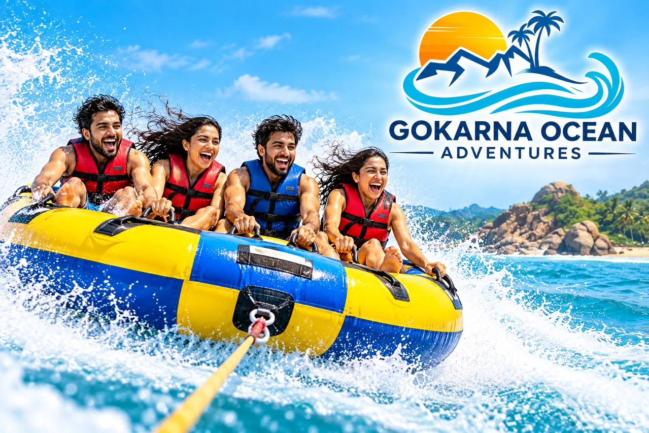 Illustrative promotional image of guests enjoying a yellow-and-blue towable inflatable ride across turquoise water, with the Gokarna Ocean Adventures logo.