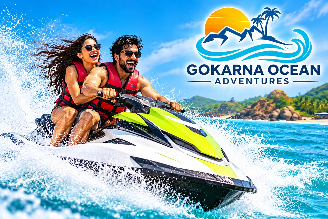 Illustrative promotional image of two riders on a green-and-white jet ski splashing across the sea, with the Gokarna Ocean Adventures logo.